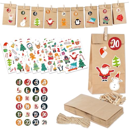 DIY Adventskalender zum Befüllen Kinder & Erwachsene – 24 Adventskalender Tüten mit Zahlenaufkleber, Weihnachten Aufkleber, Juteseil & Holzklammern – Weihnachtskalender selber befüllen von BrKern