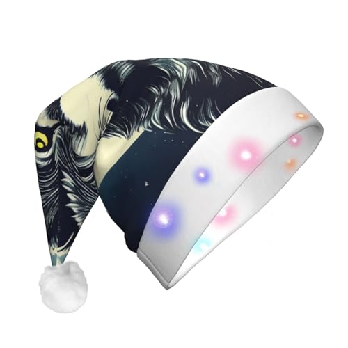 BrUgui Festliche LED-Weihnachtsmütze – langlebige Farben, drei Blinkmodi, perfektes Urlaubszubehör! Wolf Nacht Mond von BrUgui