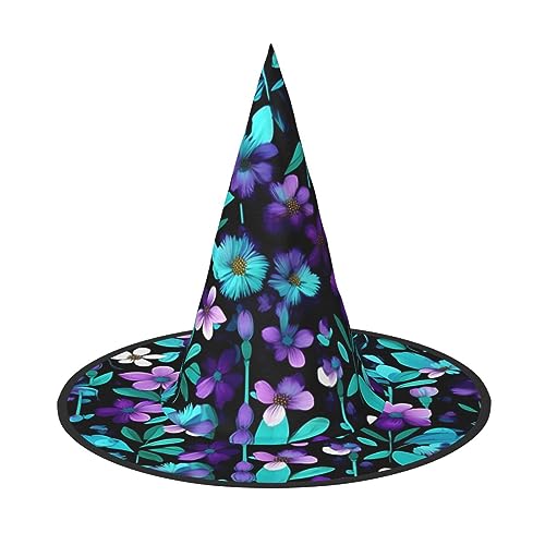 BrUgui Halloween-Hut Hexenhut für Männer und Frauen, Halloween-Partykappe, Halloween-Party-Zubehör, lila und blaugrüne Blume von BrUgui