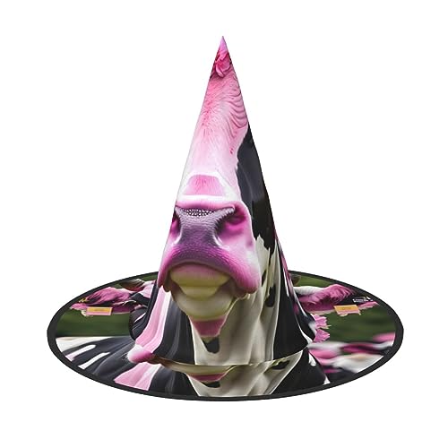 BrUgui Halloween-Hut Hexenhut für Männer und Frauen, Halloween-Partykappe, Halloween-Party-Zubehör, rosa Blumenshow Kühe Rinder von BrUgui