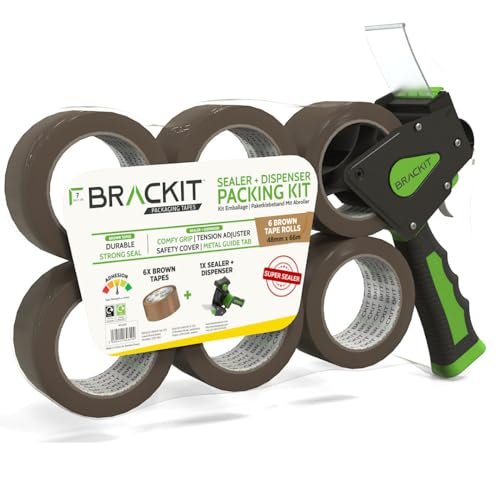 6 St Klebeband Braun Mit Profi Abroller - 66m lang, 48mm breit - 50mic, Paketklebeband, Starke Anhaftung, Mit Starke Stabiler klebebandabroller, Prämie Paketband, (Brackit - Premium Qualität) von Brackit