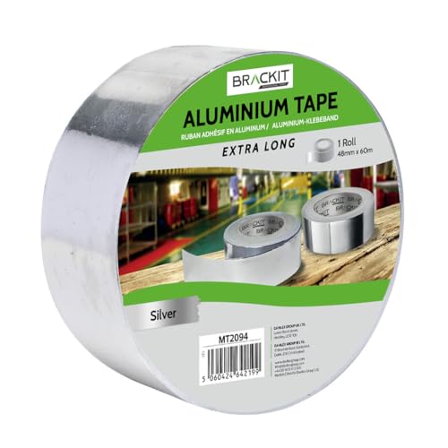 Brackit EXTRA LANG; Aluminiumband Alufolie 60m x 48mm Aluband Alu-Klebeband selbstklebend hitzebeständig leitfähig Aluminiumband Rolle Klebefolie Reparaturband zum Abdichten und Dämmen Isolierband von Brackit