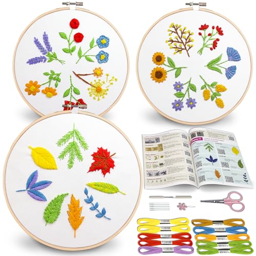 Bradove 3 Sets Blätter und Blumen Stickset mit Stickmustern, Erwachsene Anfänger Sticken lernen, Stiche Kit von Bradove