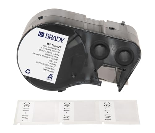 Brady Selbstlaminierendes Vinyl-Vorgefertigte Etiketten für Etikettendrucker BMP51/BMP53/M511-200 Klebeetiketten - Schwarz auf Weiß, Transparent (38,10 mm (B) x 31,75 mm (H)) - M5-115-427 von Brady