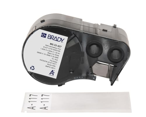 Brady Selbstlaminierendes Vinyl-Vorgefertigte Etiketten für Etikettendrucker BMP51/BMP53/M511-70 Klebeetiketten - Schwarz auf Weiß, Transparent (38,10 mm (B) x 101,60 mm (H)) - M5-33-427 von Brady