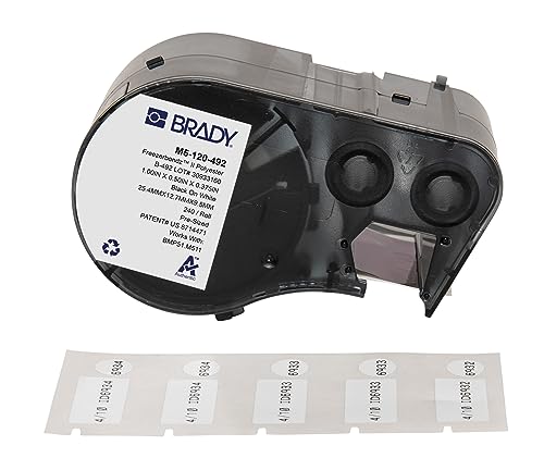 Brady FreezerBondz™ Polyester-Etiketten für Etikettendrucker BMP51/BMP53/M511-240, selbstklebende Druckeretiketten, Schwarz auf Weiß, 25,40 mm (B) x 12,70 mm (H) x 9,53 mm (Durchmesser), M5-120-492 von Brady