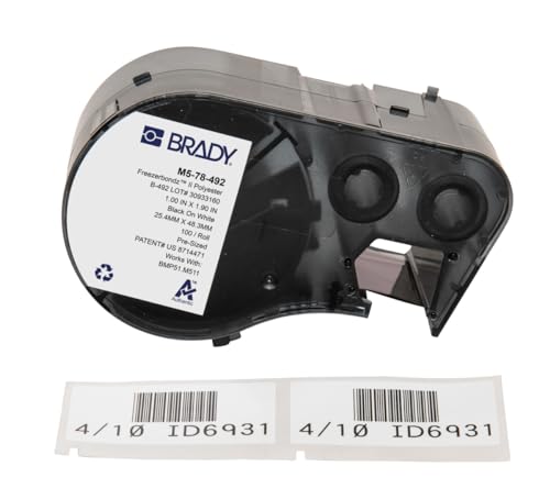 Brady FreezerBondz™ Polyester-Vorgefertigte Etiketten für Etikettendrucker BMP51/BMP53/M511-100 Klebeetiketten - Schwarz auf Weiß (25,40 mm (B) x 48,26 mm (H)) - M5-78-492 von Brady