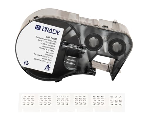 Brady M4-7-498 Etiketten für Etikettendrucker BMP41/BMP51/BMP53/M511-240, selbstklebende Druckeretiketten, Schwarz auf Weiß, 12,70 mm (B) x 12,70 mm (H)) von Brady