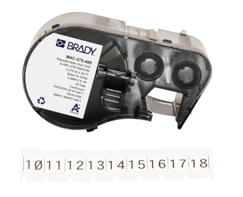 Brady M4C-375-498 Etikettenband für Etikettendrucker BMP41/BMP51/BMP53/M511, selbstklebende Druckeretiketten, Schwarz auf Weiß (9,53 mm (B) x 6,10 m (L)) von Brady