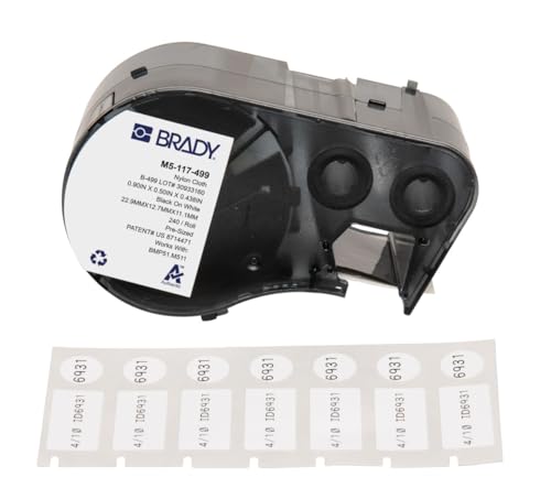 Brady M5-117-499 Etiketten für Etikettendrucker BMP51/BMP53/M511-240, selbstklebende Druckeretiketten, Schwarz auf Weiß, 22,86 mm (B) x 12,70 mm (H) x 11,18 mm (Durchmesser) von Brady