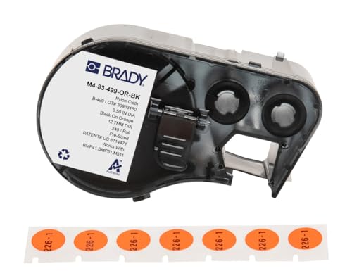 Brady Nylongewebe-Vorgefertigte Etiketten für Etikettendrucker BMP41/BMP51/BMP53/M511 - 240 Klebeetiketten - Schwarz auf Orange (12,70 mm (∅)) - M4-83-499-OR-BK von Brady