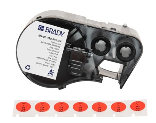 Brady Nylongewebe-Vorgefertigte Etiketten für Etikettendrucker BMP41/BMP51/BMP53/M511 - 240 Klebeetiketten - Schwarz auf Rot (12,70 mm (∅)) - M4-83-499-RD-BK von Brady