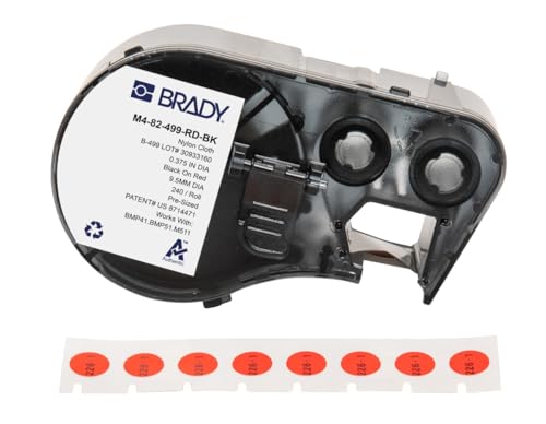Brady Nylongewebe-Vorgefertigte Etiketten für Etikettendrucker BMP41/BMP51/BMP53/M511 - 240 Klebeetiketten - Schwarz auf Rot (9,53 mm (∅)) - M4-82-499-RD-BK von Brady