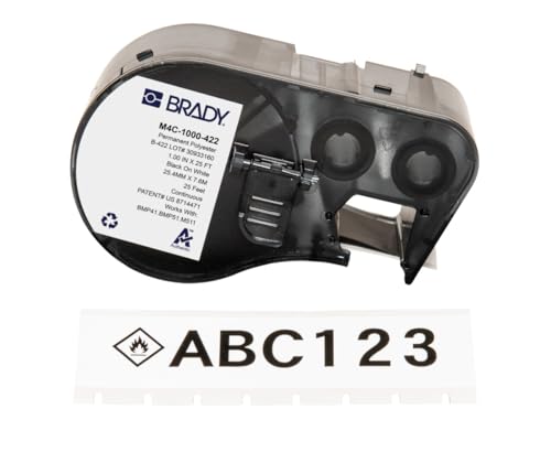 Brady Polyester-Etikettenband für Etikettendrucker BMP41/BMP51/BMP53/M511 - Klebeetiketten - Schwarz auf Weiß (25,40 mm (B) x 7,62 m (L)) - M4C-1000-422 von Brady