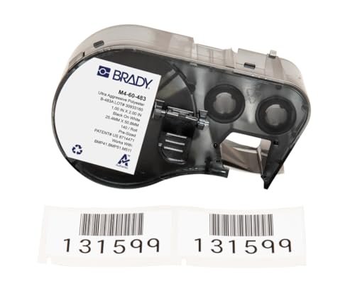 Brady Polyester-Vorgefertigte Etiketten für Etikettendrucker BMP41/BMP51/BMP53/M511 - 140 Klebeetiketten - Schwarz auf Weiß (25,40 mm (B) x 50,80 mm (H)) - M4-60-483 von Brady