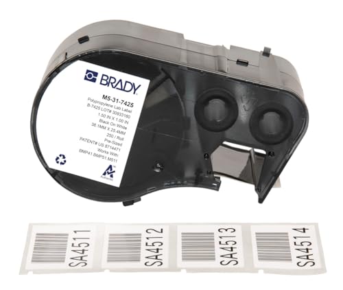 Brady Polypropylen-Vorgefertigte Etiketten für Etikettendrucker BMP51/BMP53/M511 - 250 Klebeetiketten - Schwarz auf Weiß (38,10 mm (B) x 25,40 mm (H)) - M5-31-7425 von Brady