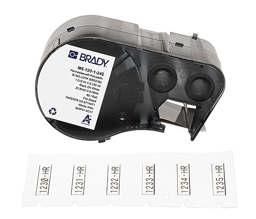 Brady Schrumpfendes Polyolefin-Etikettenband für Etikettendrucker BMP51/BMP53/M511-80, selbstklebende Druckeretiketten, Schwarz auf Weiß (25,40 mm (B) x 5,97 mm (H)) – M5-125-1-342 von Brady