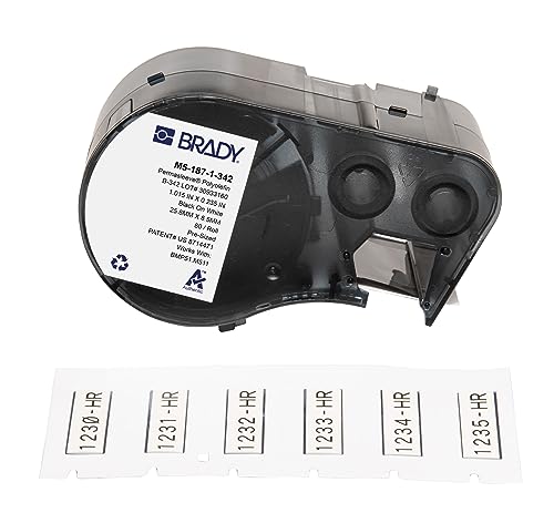 Brady Schrumpfendes Polyolefin-Etikettenband für Etikettendrucker BMP51/BMP53/M511-80, selbstklebende Druckeretiketten, Schwarz auf Weiß (25,40 mm (B) x 8,51 mm (H)) – M5-187-1-342 von Brady