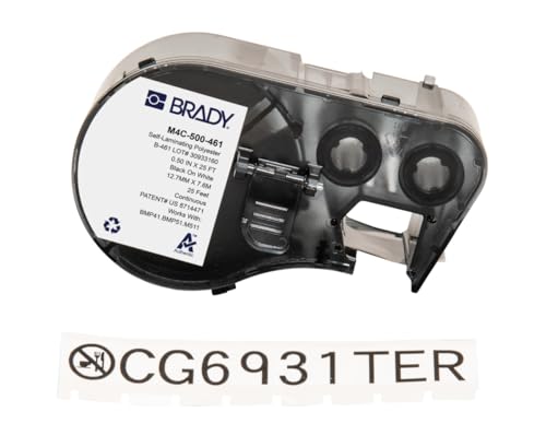 Brady Selbstlaminierender Polyester-Etikettenband für Etikettendrucker BMP41/BMP51/BMP53/M511 - Klebeetiketten - Schwarz auf Weiß (12,70 mm (B) x 7,62 m (L)) - M4C-500-461 von Brady