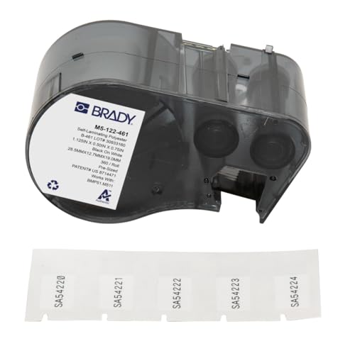 Brady Selbstlaminierender Polyester-Vorgefertigte Etiketten für Etikettendrucker BMP51/BMP53/M511 - 360 Klebeetiketten - Schwarz auf Weiß, Transparent (28,58 mm (B) x 12,70 mm (H)) - M5-122-461 von Brady