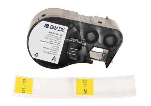Brady Selbstlaminierendes Vinyl-Vorgefertigte Etiketten für Etikettendrucker BMP41/BMP51/BMP53/M511 - 180 Klebeetiketten - Schwarz auf Gelb, transparent (25,40 mm (B) x 63,50 mm (H)) - M4-51-427-YL von Brady