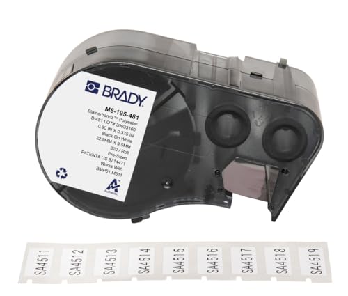 Brady StainerBondz™ Polyester-Vorgefertigte Etiketten für Etikettendrucker BMP51/BMP53/M511 - 320 Klebeetiketten - Schwarz auf Weiß (25,40 mm (B) x 9,53 mm (H)) - M5-195-481 von Brady
