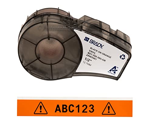 Brady Vinyl-Etiketten für Etikettendrucker M211 & M210 - Vinyl-Klebe-Druckeretiketten - Industrieetikettenband für Kabel/Namensetiketten - Schwarz auf Orange (12.70mm x 6.40m) - M21-500-595-OR von Brady