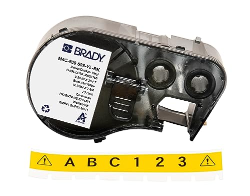 Brady Vinyl-Etikettenband für Etikettendrucker BMP41/BMP51/BMP53/M511, selbstklebende Druckeretiketten, Schwarz auf Gelb, 12,70 mm (B) x 7,62 m (L)) – M4C-500-595-YL-BK von Brady