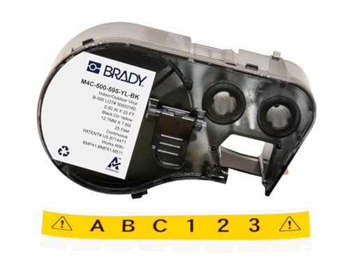 Brady Vinyl-Etikettenband für Etikettendrucker BMP41/BMP51/BMP53/M511, selbstklebende Druckeretiketten, Schwarz auf Gelb, 12,70 mm (B) x 7,62 m (L)) – M4C-500-595-YL-BK von Brady