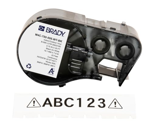 Brady Vinyl-Etikettenband für Etikettendrucker BMP41/BMP51/BMP53/M511, selbstklebende Druckeretiketten, Schwarz auf Weiß, 19,05 mm (B) x 7,62 m (L)) – M4C-750-595-WT-BK von Brady