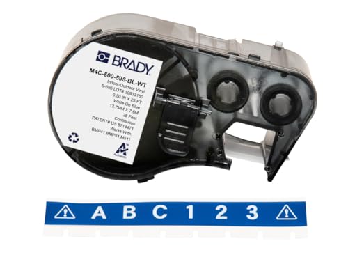 Brady Vinyl-Etikettenband für Etikettendrucker BMP41/BMP51/BMP53/M511, selbstklebende Druckeretiketten, Weiß auf Blau, 12,70 mm (B) x 7,62 m (L)) – M4C-500-595-BL-WT von Brady