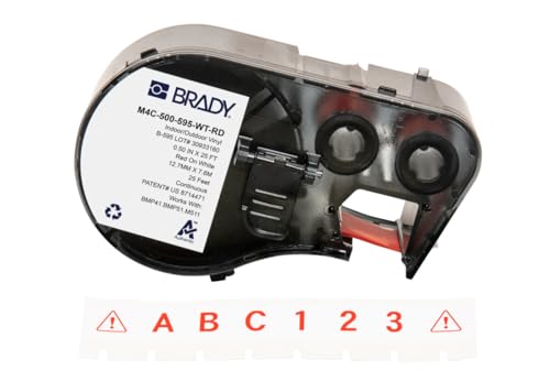 Brady Vinyl-Etikettenband für Etikettendrucker BMP41/BMP51/BMP53/M511 - Klebeetiketten - Rot auf Weiß (12,70 mm (B) x 7,62 m (L)) - M4C-500-595-WT-RD von Brady