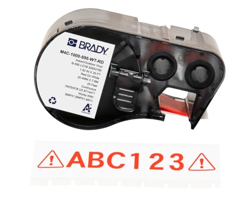 Brady Vinyl-Etikettenband für Etikettendrucker BMP41/BMP51/BMP53/M511 - Klebeetiketten - Rot auf Weiß (25,40 mm (B) x 7,62 m (L)) - M4C-1000-595-WT-RD von Brady