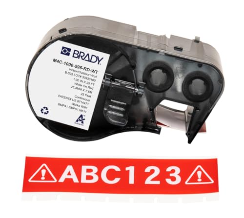 Brady Vinyl-Etikettenband für Etikettendrucker BMP41/BMP51/BMP53/M511 - Klebeetiketten - Weiß auf Rot (25,40 mm (B) x 7,62 m (L)) - M4C-1000-595-RD-WT von Brady