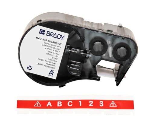 Brady Vinyl-Etikettenband für Etikettendrucker BMP41/BMP51/BMP53/M511 - Klebeetiketten - Weiß auf Rot (9,53 mm (B) x 7,62 m (L)) - M4C-375-595-RD-WT von Brady