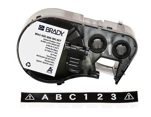 Brady Vinyl-Etikettenband für Etikettendrucker BMP41/BMP51/BMP53/M511 - Klebeetiketten - Weiß auf Schwarz (12,70 mm (B) x 7,62 m (L)) - M4C-500-595-BK-WT von Brady