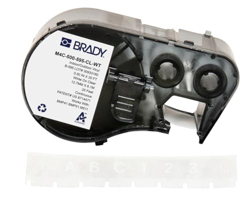 Brady Vinyl-Etikettenband für Etikettendrucker BMP41/BMP51/BMP53/M511 - Klebeetiketten - Weiß auf Transparent (12,70 mm (B) x 6,10 m (L)) - M4C-500-595-CL-WT von Brady