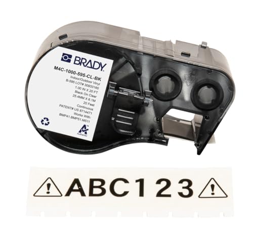 Brady Vinyl-Etikettenband für Etikettendrucker BMP41/BMP51/BMP53/M511 – Selbstklebende Druckeretiketten – Schwarz auf Transparent (25,40 mm (B) x 6,10 m (L)) – M4C-1000-595-CL-BK von Brady