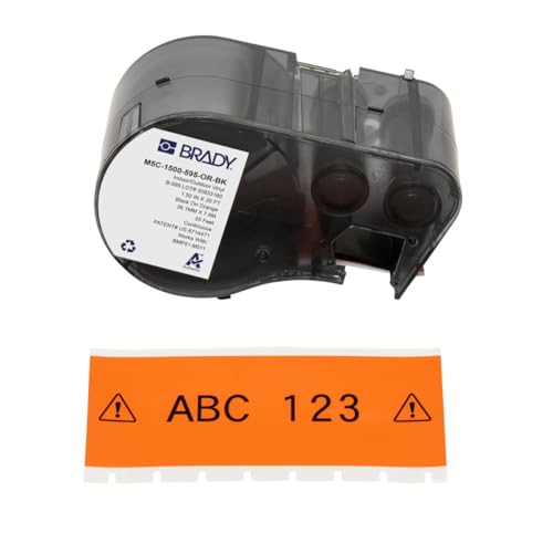Brady Vinyl-Etikettenband für Etikettendrucker BMP51/BMP53/M511, selbstklebende Druckeretiketten, Schwarz auf Orange, 38,10 mm (B) x 7,62 m (L)) – M5C-1500-595-OR-BK von Brady