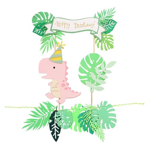 Bralucy Niedliche Dinosaurier- und Grünblatt-Kuchenaufsätze, grüne Blatt-Wimpelkette für "Happy Birthday" am Kindertag und Luftschlangen Dekorationen (Rosa) von Bralucy