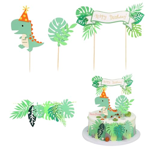 Bralucy Niedliche Dinosaurier und grüne Blätter Kuchen Topper, grüne Blatt Wimpelkette für "Happy Birthday" am Kindertag und Luftschlangen Dekorationen (Grau) von Bralucy