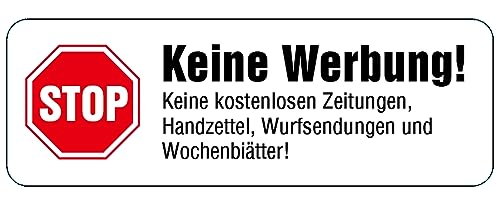 1 x Keine Werbung Aufkleber - Schild weiß extra Starke Folie - Sticker (Stop Keine Werbung ! Keine Kostenlose Zeitung, Handzettel, Wurfsendungen und Wochenblätter) für den Briefkasten - 1 Stück von Brandengel