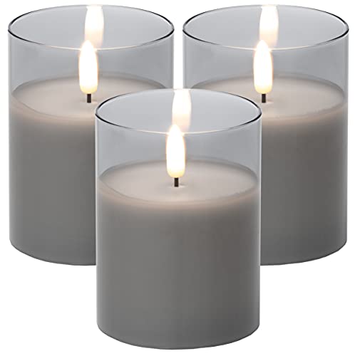 Brandsseller 3er Set LED Echtwachs Kerze im Rauch Glas Flackerfunktion Warmweiß Timerfunktion (3er Set 7,5x10 cm, Grau) von Brandsseller