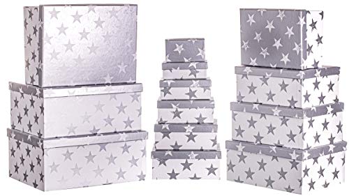 Brandsseller Geschenkbox Aufbewahrungsbox Kartenkarton mit Deckel - Stabiler Karton - 13er Set in absteigender Größe - Sterne/Silber von Brandsseller