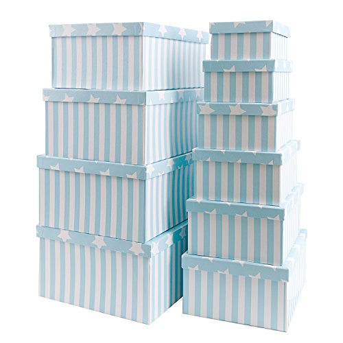 Brandsseller Geschenkbox Aufbewahrungsbox Kartenkarton mit Deckel - Stabiler Karton mit Sternen und Streifen - 10er Set in absteigender Größe - Farbe: Hellblau von Brandsseller