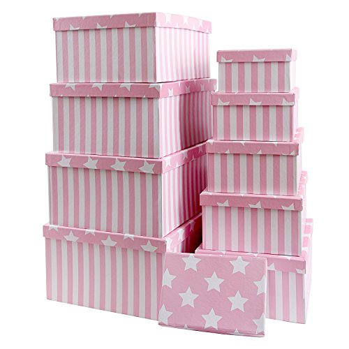 Brandsseller Geschenkbox Aufbewahrungsbox Kartenkarton mit Deckel - Stabiler Karton mit Sternen und Streifen - 10er Set in absteigender Größe - Farbe: Rosa von Brandsseller