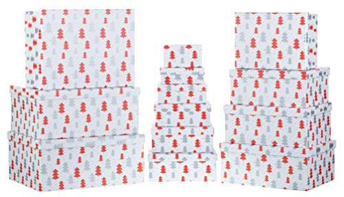 Brandsseller Weihnachts Box Geschenkbox Set Aufbewahrungsbox Kartenkarton mit Deckel - Stabiler Karton - 13er Set in absteigender Größe Weihnachtsbäume/Rot/Silber von Brandsseller