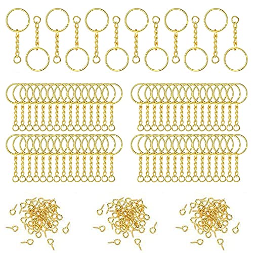 Brateuanoii 360 Stück Schlüsselanhänger Ringe Set(90 Schlüsselringe Mit 90 Kette Spaltring + 180 Schrauböse Pins), Schlüsselanhänger Ring, Gold Schlüsselring Mit Kette, Für Schlüssel Handwerk DIY von Brateuanoii