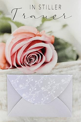 Trauerkarte mit Geldfach – In stiller Trauer – Klappkarte mit Rose – Kondolenzkarte zum Abschied – Beileidskarte zum Todesfall – inkl. Briefumschlag mit schwarzem Rand – Format 11,5 x 17 cm von Braun + Company Papierwaren GmbH