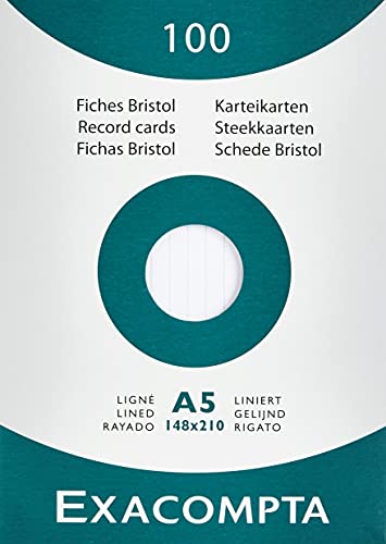 Exacompta 13808B 100er Pack Karteikarten liniert DIN A5 in Kartonschachtel 14,8 x 21cm ideal für die Schule und Universität zum Lernen weiß von Brause